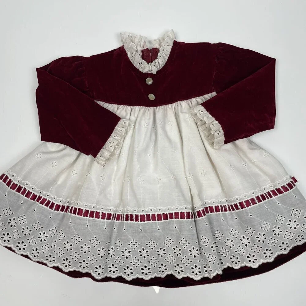 Vintage R-Gee Baby Maroon Velvet and White Eyelet Lace Christmas Dress Size 12M